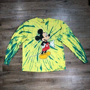 Disney Mickey-Mouse Tie-Dye Long-Sleeve Shirt Men Large Yellow Green Tee